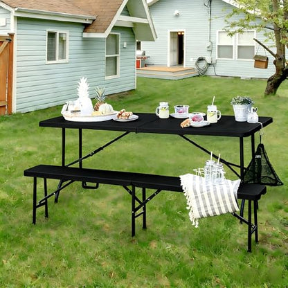 VECELO 6 ft Picini Table with Thickened Top | Removable Mesh Bag | Strong Side Support, 500lbs Weight Capacity Folding Table, Indoor & Outdoor, with Carrying Handle,Black - color: Black