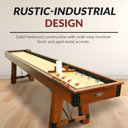 Hathaway Cheyenne 12 Ft Shuffleboard Table for Family Arcade Game Room - with Poly-Coated Playfield, Built-in Scorer & Cabinet, Climate Adjusters, Leg Levelers, 8 Pucks, Brush & Wax – Rustic Oak