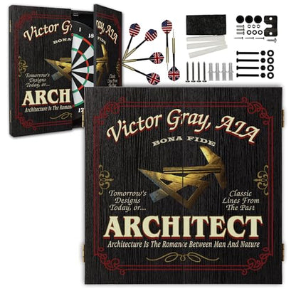 Personalized Dart Board Cabinet Set with 6 Steel Tip Darts, Paper Fibre Dartboard, Chalk & Eraser (21.5 x 21.5 x 2.75") - Occupational Man Cave Dart Boards for Adults - Architect (420) - style: Architect Dartboard & Cabinet Set