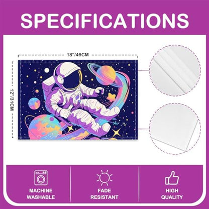 Astronaut Kids Placemats Cartoon Colorful Graffiti Planets Table Mats for Boys Girls Teens Starry Galaxy Glitter Stars Hippie Kitchen Mats for Dining Table 12x18 Inch Set of 4 - color: Purple Pink Blue Yellow