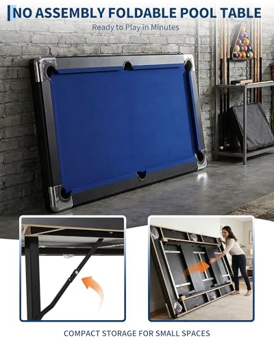 GarveeLife 6 Foot Pool Table, Folding Pool Table, Portable Billiards Tables Includes Full Set of Billiard Balls, 2 Cue Sticks, Chalk & Felt Brush for Family Game Room - color: Blue