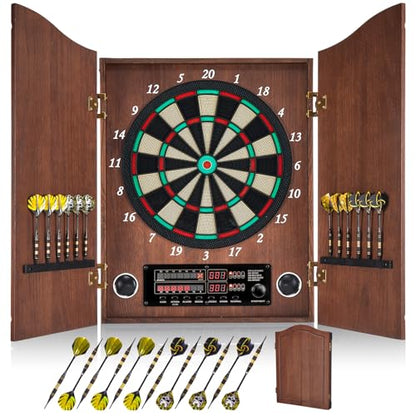 Electronic Dart Board, Decorative Dart Board Cabinet Set for Adults [12*Bronze Soft Tip Darts] [Cricket Game Mode]- Wooden Electric Dartboard Cabinet for Family Game Rooms - style: COFFEE