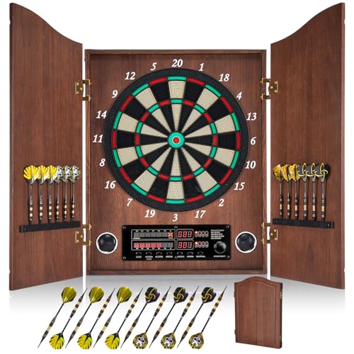 Electronic Dart Board, Decorative Dart Board Cabinet Set for Adults [12*Bronze Soft Tip Darts] [Cricket Game Mode]- Wooden Electric Dartboard Cabinet for Family Game Rooms - style: COFFEE