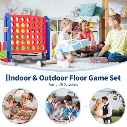 Giant 4 in a Row Game,Adjustable Height Board Jumbo 4-in-a-Row Game with Quick-Release Slider,Mini Basketball,Golf & Ring Toss Set for Family Party, Outdoor & Indoor