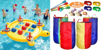 2 in 1 Pool Toys Games Set Inflatable Tic Tac Toe with Cup Holder, Potato Sack Race Bags for Kids Adults, Egg Spoon Relay Race, 3 Legged Race Bands, Ring Toss, Outdoor Yard Carnival Field Day Game