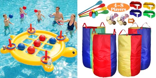 2 in 1 Pool Toys Games Set Inflatable Tic Tac Toe with Cup Holder, Potato Sack Race Bags for Kids Adults, Egg Spoon Relay Race, 3 Legged Race Bands, Ring Toss, Outdoor Yard Carnival Field Day Game
