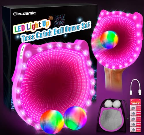 3D LED Light Up Toss Catch Ball Game Set Toys for Back Yard Outdoor Party Favors Glow in Dark Sticky Paddle Baseball Gift Age 5 6 7 8 9 10 11 12 Years Old Girls Boy Kid Family Adult - color: Pink 1 Paddle 2 Balls