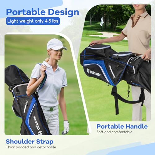ULTIMATE Golf Cart Bag with 14-Way Top Dividers, Golf Club Bag w/ 9 Pockets incl. Cooler Bag, Rain Hood/Dust Cover, Detachable Shoulder Strap & Carry Handles, Lightweight for Men & Women - color: Blue