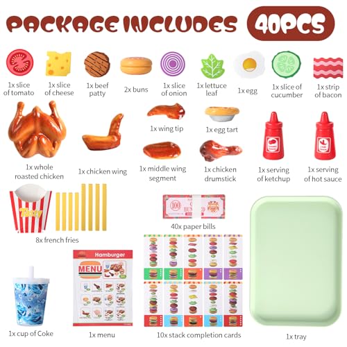 Wooden Play Food for Kids Kitchen Set with 10 Stacking Challenge Cards, 40+ Pcs Fake Fast Food Hamburger Toy with Roast Chicken & Play Money, Pretend Play Toys Birthday Gift for Toddlers Age 2-6