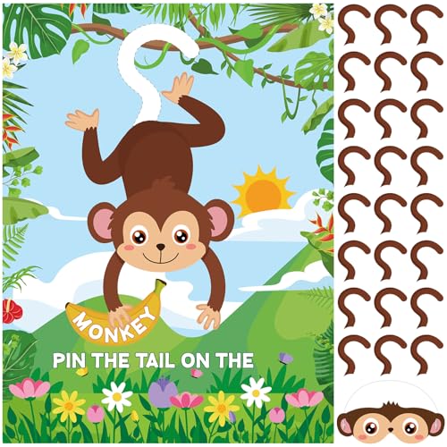 Faccito Jungle Animal Games Pin The Tail on The Monkey Safari Animal Birthday Party Games with Monkey Poster 24 Pcs Tail Stickers and Blindfold for Safari Jungle Zoo Forest Party Decorations Supplies - style: Animal