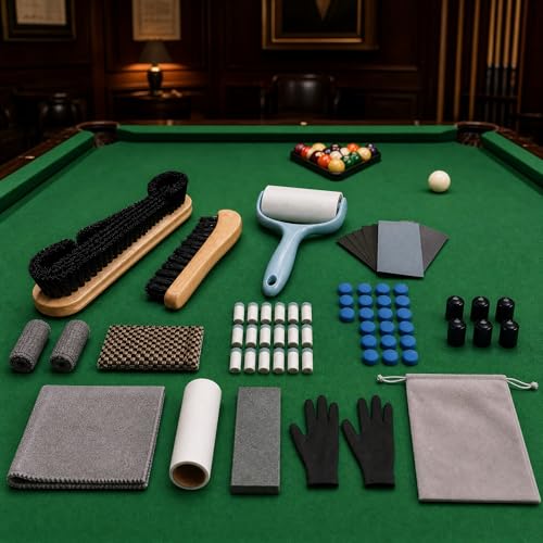 10 Piece Pool Table Cleaning Kit Professional Billiard Felt Cleaner Rail Brush Set with Wooden Brushes Cue Cloths Ferrule Polish Cloths and Sticky Lint Roller for Table Care