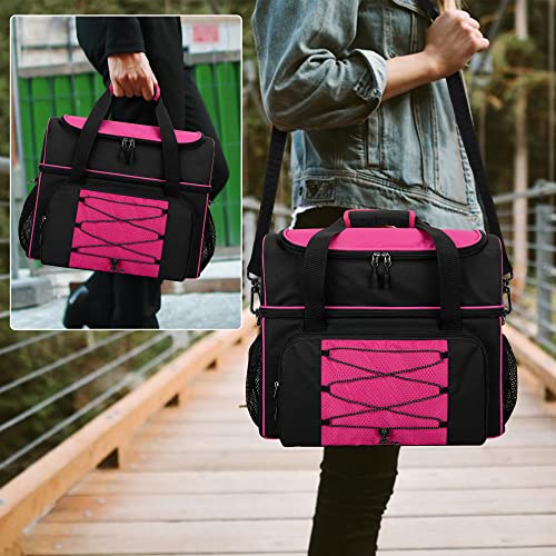 DSLEAF Bowling Bag for 2 Balls, Bowling Tote with Wooden Bowling Cups and Padded Divider for Double Ball and A Pair of Bowling Shoes Up to Mens 16 and Extra Essentials (Patent Design), Bag Only - color: Rose Red