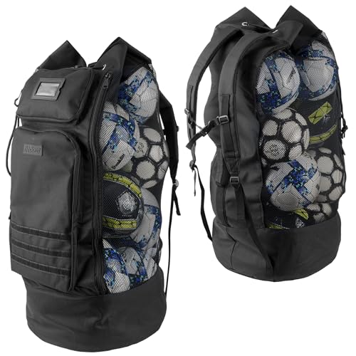Fitdom Heavy Duty XL Soccer Mesh Equipment Ball Bag w/Adjustable Backpack Shoulder Strap Design for Coach. 2 Different Size Front Pockets for Sporting Accessories. - color: Jet Black
