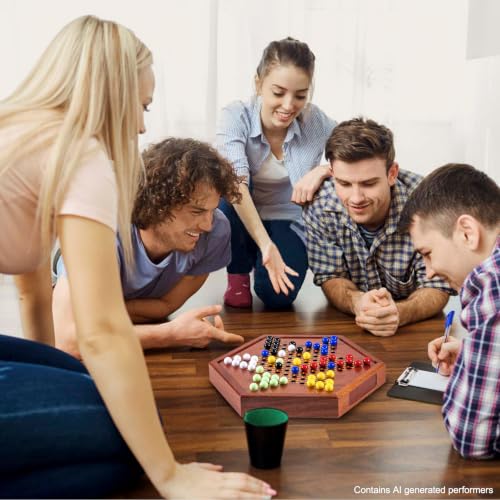 AMEROUS 12.5 inches Wooden Chinese Checkers Set with Storage Drawer - 60 Acrylic Marbles in 6 Colors - 12 Bonus Spare Marbles, Classic Strategy Family Board Game for Kids and Adults
