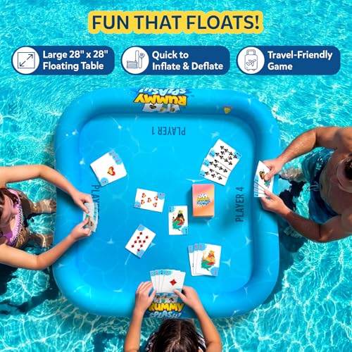 Gouda Games Pool Rummy Splash – Floating Pool Game Table (28” x 28”), Waterproof Cards, Inflatable Pool Toy for Kids & Adults, Family Pool Party Game for Ages 8, 9, 10, 11 and Up, 2-4 Players
