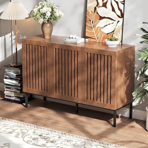 BVIUNTWO Modern Storage Cabinet with Slatted Doors,Sideboard Buffet Cabinet with Adjustable Shelf and Metal Legs for Kitchen,Dining Room,Living Room,47 Inch, Brown - size: 47 Inch