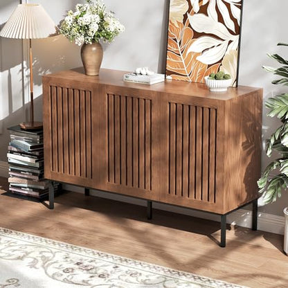BVIUNTWO Modern Storage Cabinet with Slatted Doors,Sideboard Buffet Cabinet with Adjustable Shelf and Metal Legs for Kitchen,Dining Room,Living Room,47 Inch, Brown - size: 47 Inch
