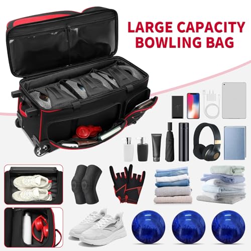 BOSSTIN 3 Ball Bowling Bags with Wheels, Secure Adhesive Fixed Ball Cup & Shoe Compartment, Bowling Ball Bag 3 Ball Roller with Multi-Pockets - color: Red