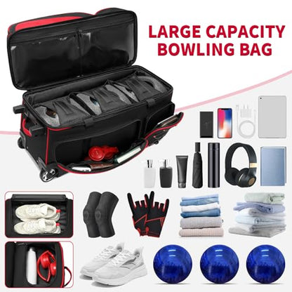 BOSSTIN 3 Ball Bowling Bags with Wheels, Secure Adhesive Fixed Ball Cup & Shoe Compartment, Bowling Ball Bag 3 Ball Roller with Multi-Pockets - color: Red