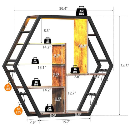 kepptory 39 inch Large Gaming Floating Shelves with LED Lights, 5 Tier Wall Mounted Shelves with 2 Removable Glass Shelf, Pipe Shelves Hanging Display Rack with 8 Hooks, Easy Assembly (Retro Brown) - color: Brown, size: 7.9"D x 39.4"W x 34.3"H