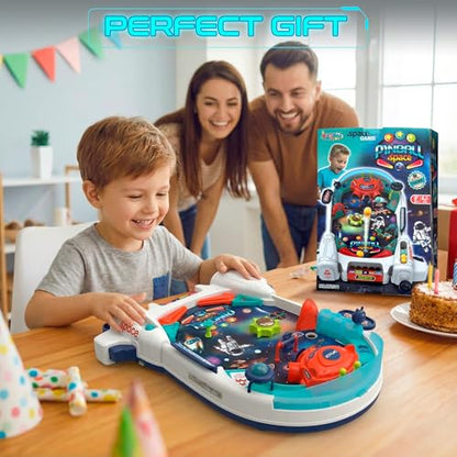 Space Pinball Machine — Tabletop Arcade Game with Obstacles, Pull-Rod Launcher, Flippers, UFO Targets & Astronaut Theme, 1-2 Player Mini Pinball for Kids - style: Space Pinball