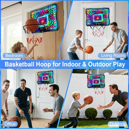 Indoor Mini Basketball Hoop, Over the Door Basketball Hoop with LED Lights/Scoreboard/4 Balls, Upgraded Reinforced Backboard Frame, Basket Ball Toys Gift for Kids Ages 3-5-12+ Boys Girls