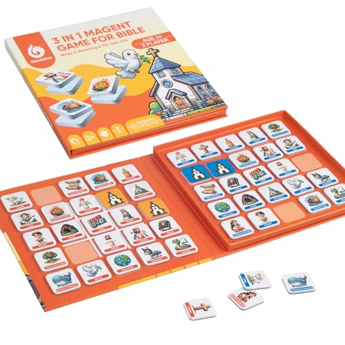 TRAVOFUN Bible Memory Matching Game for Kids - 3-in-1 Magnetic Travel Toy Set with 50 EVA Pieces, Tic-Tac-Toe & Storytime Bingo, Christian Educational Sunday School Games & Church Activities Gift - style: Bible Memory Game