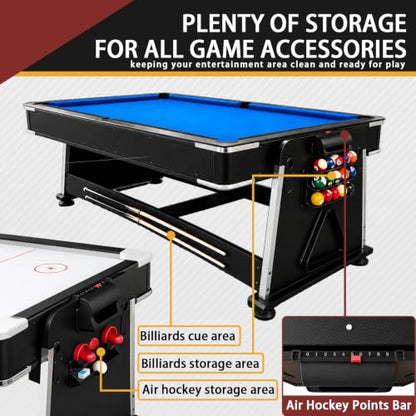 4-in-1 Multi Game Table – Pool Table,Air Hockey Table,Ping Pong Table & Dining Table Combo with Flip-Top Design,Includes Full Accessories.7ft Billiard Tables for Living Room,Bar,and Game Room.