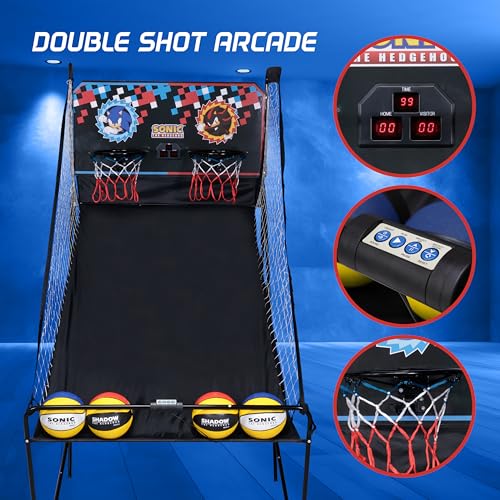Voyager Sonic The Hedgehog Electronic Double Shot Arcade Game, Indoor Basketball with 4 Balls, LED Scoreboard & Folding Frame, Kids Arcade Game for Home & Playroom