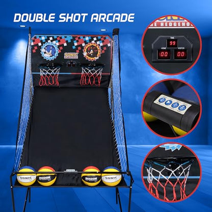 Voyager Sonic The Hedgehog Electronic Double Shot Arcade Game, Indoor Basketball with 4 Balls, LED Scoreboard & Folding Frame, Kids Arcade Game for Home & Playroom