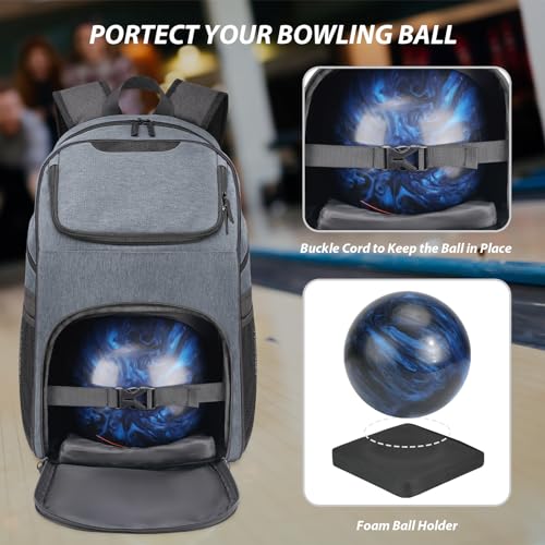 Bosynoy Bowling Backpack, Bowling Ball Bag Totes for Single Ball with Shoe Compartment & Foam Padded, Fits Shoes Up to US Mens Size 16, Grey - color: Gray