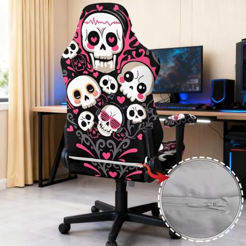 Skull Print Gaming Chair Covers with Armrest Covers Dust-Proof Universal Fit Gamer Desk Chair Cover for Ergonomic Game Rotating Office Chairs, Easy to Install - color: Black and White - Skull