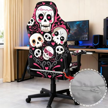 Skull Print Gaming Chair Covers with Armrest Covers Dust-Proof Universal Fit Gamer Desk Chair Cover for Ergonomic Game Rotating Office Chairs, Easy to Install - color: Black and White - Skull
