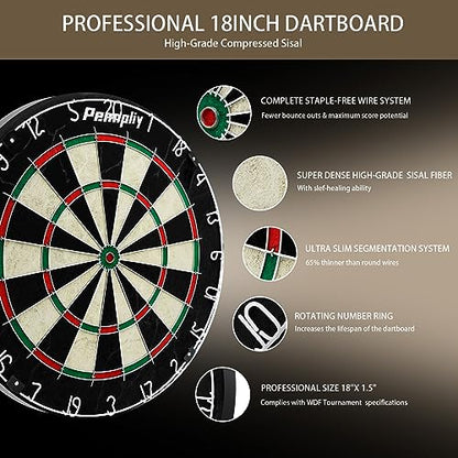 Bristle Dart Board Set, Professional Dart Board 18" with 6pcs 18g Darts Outdoor Dartboard Set, Compressed Sisal Metal Wire Board with Rotating Number Ring