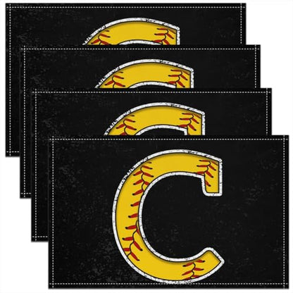 Erosebridal Initial C Letter Placemats 12x18 inch Set of 4 Baseball Pattern Place Mats | Monogrammed Table Place Mats Softball Accessories Yellow Black Oil Proof Washable Placemats - color: Yellow C