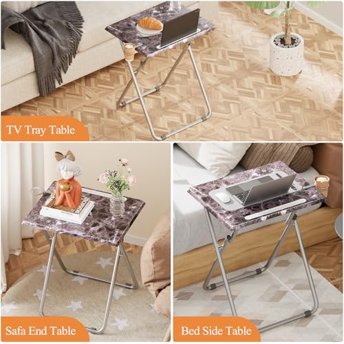 Folding TV Tray Table with Cup Holder, TV Dinner Table with Sturdy MDF Top, Eating Trays with Tablet Slot for Living Room, Bedroom, Sofa, 15 x 18.9 x 25.6 in (Black Marble, 2Pcs) - color: Black Marble, size: 2PCS