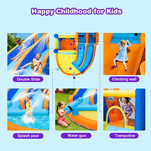 JOYLDIAS Inflatable Water Slide Bounce House,Giant Water Park, Double Slide Bouncer Castle w/Splash Pool, Jump Area, Climbing Wall, 550W Air Blower for Kids Backyard Indoor Outdoor Use,Free Water Gun - color: 6 in 1