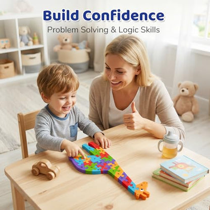 LovesTown Wooden Puzzles for Kids, Double Sided Giraffe Jigsaw with Alphabet & Numbers, Montessori Educational Toy for Toddlers, Chunky Animal Gift - size: Medium, style: Giraffe