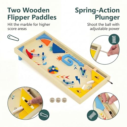 GLACER Wooden Tabletop Pinball Game, Rotating Scoring Track Shooting Toy with 3 Balls, Marble Game for Kids Aged 8+ and Adults, Pinball Toy Desk or Family Party & Shooting Game