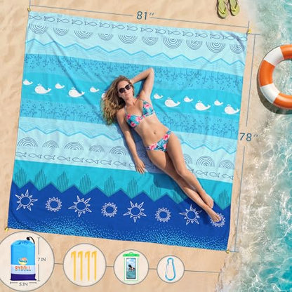 BYDOLL Beach Blanket Waterproof Sandproof Large Sand Free,78''X81''/10'X9' Oversized Sandless Lightweight Blanket Picnic Mat for Beach Travel Camping Hiking with Stakes - color: Sea, size: 78"X81"