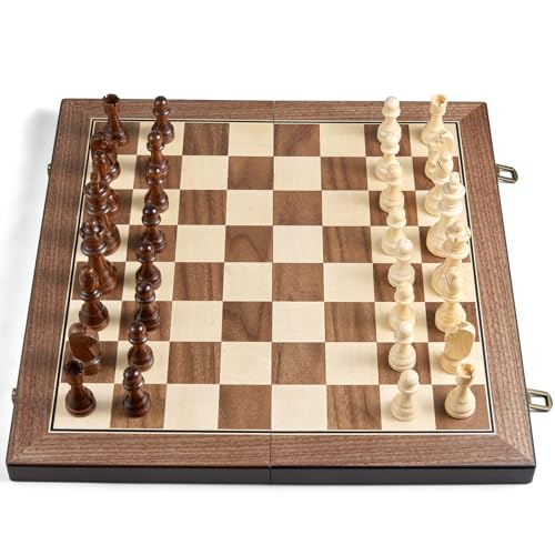 AMEROUS 17'' Magnetic Wooden Chess Set for Adults Kids - with Folding Board, Gift Package, Pieces Storage Slots, Handmade Pieces,Chess Board Game Set for Tournament Professional Beginner - size: 17 inches