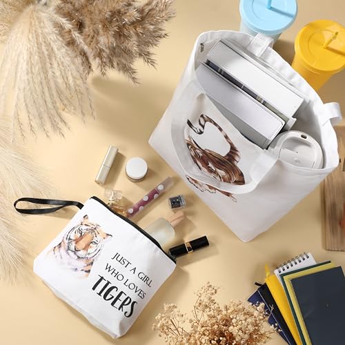 Sieral 2 Pcs Animal Lover Bag Gift for Women Travel Canvas Tote Portable Zipper Pouch Canvas Reusable Grocery Tote - style: Tiger