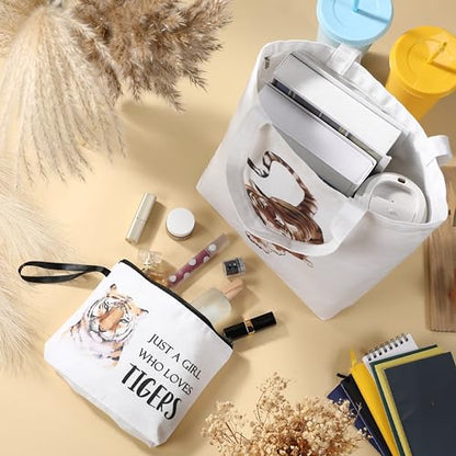 Sieral 2 Pcs Animal Lover Bag Gift for Women Travel Canvas Tote Portable Zipper Pouch Canvas Reusable Grocery Tote - style: Tiger