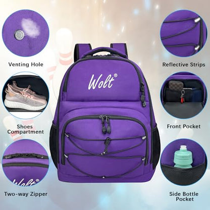 WOLT Bowling Ball Bag,2 Ball Bowling Backpack with Protective Foam Padded & Shoe Compartment Fits Up to Mens Size 16 - color: Purple