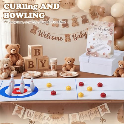 Capoda Tabletop Curling and Bowling Games Baby Shower Game Set Include 8 Curling 6 Bowling 1 Mat 2 Magnetic Strip for Indoor Birthday Bridal Shower Gender Reveal Table Decoration Supplies(Brown Bear) - style: Brown Bear