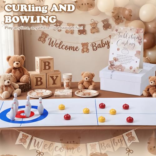 Capoda Tabletop Curling and Bowling Games Baby Shower Game Set Include 8 Curling 6 Bowling 1 Mat 2 Magnetic Strip for Indoor Birthday Bridal Shower Gender Reveal Table Decoration Supplies(Brown Bear) - style: Brown Bear