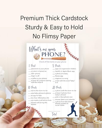 BASEBALL Baby Shower Games — WHAT'S ON YOUR PHONE Baby Shower Game — Pack of 25, Rustic Sports Theme Navy Blue BOY, Little Slugger Shower Activity Gender Neutral Reveal Party G900-PHN