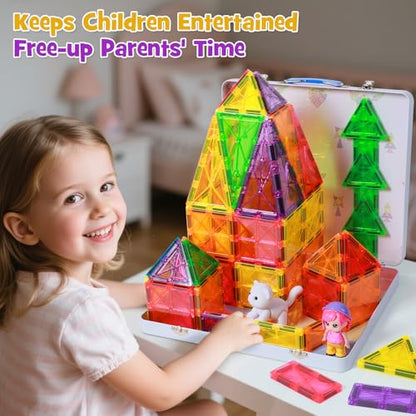 100Pcs Premium Magnetic Tiles Toys Set with Sturdy Iron Case, STEM Educational Building Blocks for Kids Ages 3-5 4-8, Montessori Sensory Toys, Creative Birthday Gifts for Toddler Boys & Girls - size: 100 PCS