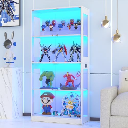 VOWNER 65'' Display Cabinet with Glass Door, 4-Tier Curio Cabinet for Collectibles Trophy, Glass Display Case with Human Body Sensor, 3 Color Lights, Bookcase Storage Cabinets for Living Room, Study - color: White, size: 4 Tiers