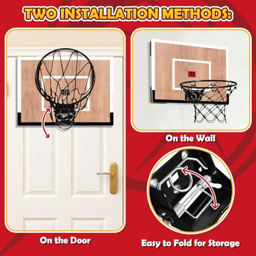 NZQXJXZ Indoor Basketball Hoop for Kids, Mini Basketball Hoops Over The Door and Wall Mount with Wooden Backboard, 3 Balls and Pump, Idea Toys Gifts for Kids and Adult,Score Version